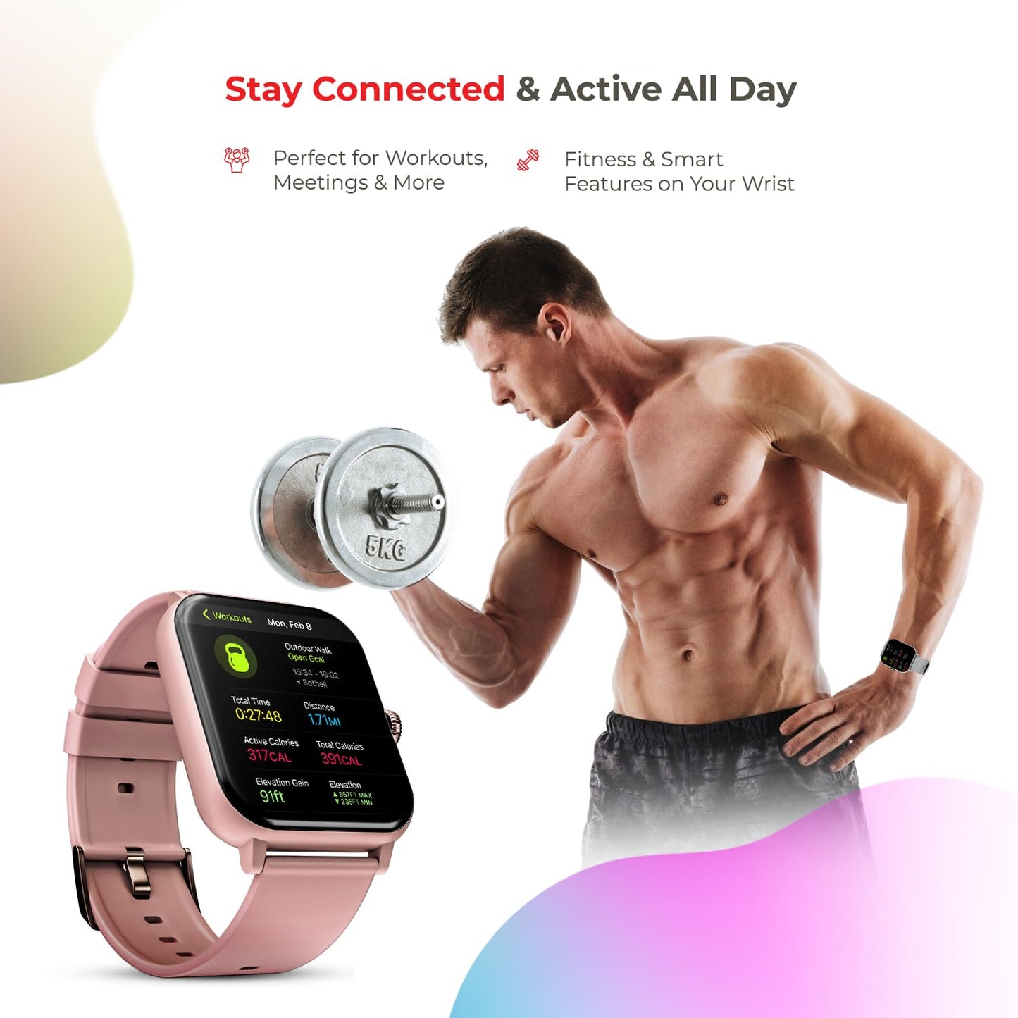 Nervfit Vibe Smartwatch with 1.85" LED Display | Bluetooth Calling | Waterproof | Heart Rate & SpO2 Tracking | Sleep & Stress Monitor | 5-Day Battery | Sports Modes (Orchid Pink)